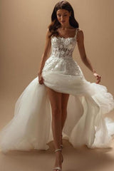 White Beach Wedding Dress Spaghetti Strap A Line Court Train Tulle Bridal Gown With Appliques
