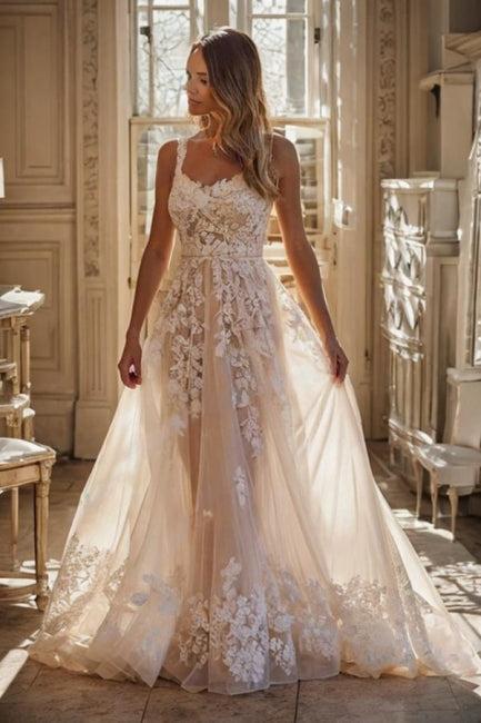 White Beach Wedding Dress Spaghetti Strap A Line Floor Length Tulle Bridal Gown With Appliques