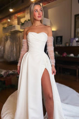 White Beach Wedding Dress Strapless A Line Sleeveless Satin Split Front Bridal Gown With Ruffles