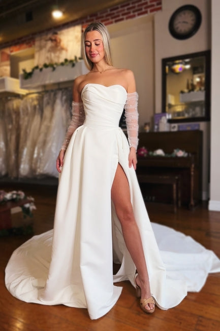 White Beach Wedding Dress Strapless A Line Sleeveless Satin Split Front Bridal Gown With Ruffles