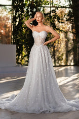 White Beach Wedding Dress Sweetheart A Line Sleeveless Sequined Sweep Train Tulle Bridal Gown With 3D Flowers