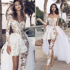 White Beach Wedding Dress Tulle One Shoulder Long Sleeves Bridal Dress With Panel Train