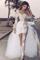 White Beach Wedding Dress Tulle One Shoulder Long Sleeves Bridal Dress With Panel Train
