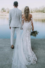 White Beach Wedding Dress V Neck Lace Mermaid Spaghetti Strap Off The Shoulder Cap Sleeves Bridal Gown