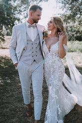 White Beach Wedding Dress V Neck Lace Mermaid Spaghetti Strap Off The Shoulder Cap Sleeves Bridal Gown