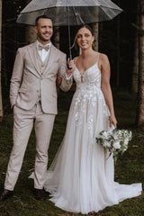 White Beach Wedding Dress V Neck Spaghetti Strap A Line Sweep Train Tulle Bridal Gown With Appliques