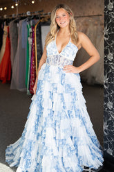 White Blue Prom Dress A Line Corset Ruffled Floral Long Formal Dress
