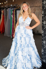 White Blue Prom Dress A Line Corset Ruffled Floral Long Formal Dress