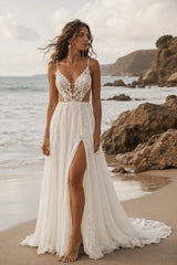 White Chiffon A Line Beach Wedding Dress with V Neck and Side Slit