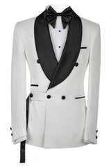 White Double Breasted Wedding Suit with Black Shawl Lapel