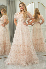 White Floral A Line Square Neck Long Prom Dress With Short Sleeves
