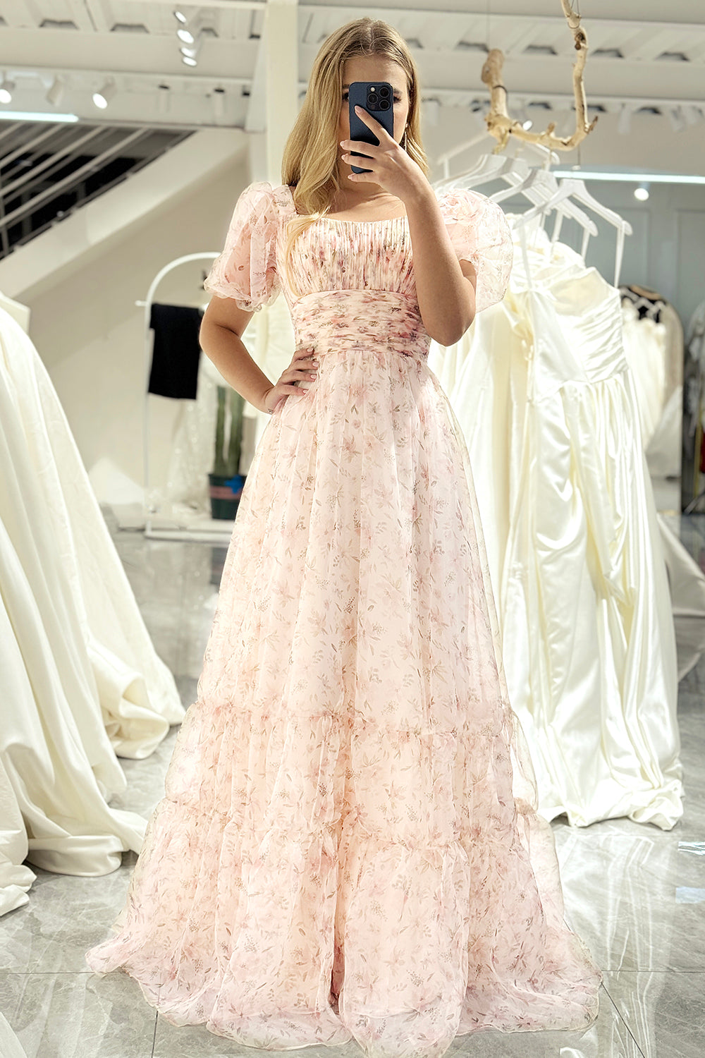 White Floral A Line Square Neck Long Prom Dress With Short Sleeves