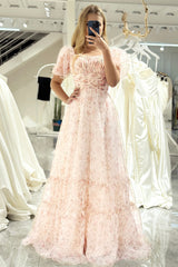White Floral A Line Square Neck Long Prom Dress With Short Sleeves
