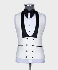 White Jacquard 3 Piece Wedding Suit with Black Shawl Lapel