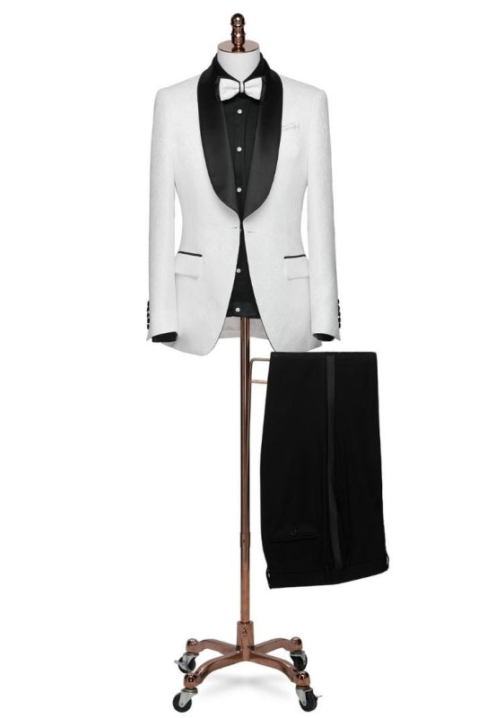 White Jacquard Two Piece Shawl Lapel Wedding Suit
