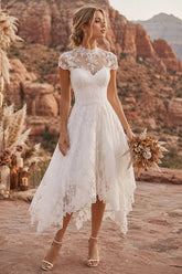 White Lace A Line Tea Length Wedding Dress with High Neck and Cap Sleeves