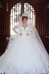 White Lace Ball Gown Wedding Dress Long Sleeves Bridal Gown