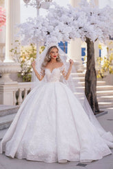 White Lace Ball Gown Wedding Dress with Long Sleeves and Illusion Neckline