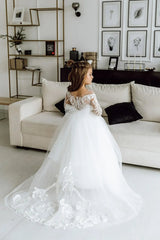 White Long Sleeve Lace Crew Neck Princess Flower Girl Dress