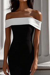 White Mermaid Off The Shoulder Long Satin Black Tie Dress