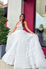 White Prom Dress A Line Ruffled Tiered Beaded Long Pageant Dress With Slit