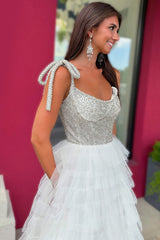 White Prom Dress A Line Ruffled Tiered Beaded Long Pageant Dress With Slit