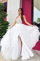 White Prom Dress A Line Ruffled Tiered Beaded Long Pageant Dress With Slit