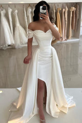 White Prom Dress A Line Sweetheart Off The Shoulder Sleeveless Simple Satin Formal Dress