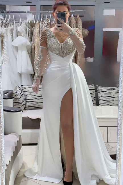 White Prom Dress A Line V Neck Sleeveless Beaded Front Slit Panel Train Satin Formal Dress With Rhinestones