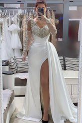 White Prom Dress A Line V Neck Sleeveless Beaded Front Slit Panel Train Satin Formal Dress With Rhinestones