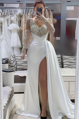 White Prom Dress A Line V Neck Sleeveless Beaded Front Slit Panel Train Satin Formal Dress With Rhinestones