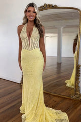 White Prom Dress Lace Mermaid Deep V-Neck Halter Corset Long Formal Dress