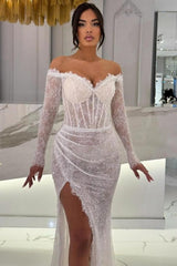 White Prom Dress Mermaid Sweetheart Off The Shoulder Sleeves Sequined Lace Formal Dress With Slit