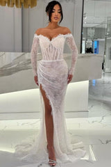 White Prom Dress Mermaid Sweetheart Off The Shoulder Sleeves Sequined Lace Formal Dress With Slit