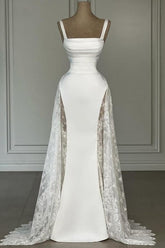 White Prom Dress Spaghetti Strap A Line Sleeveless Satin Lace Floor Length Simple Formal Dress