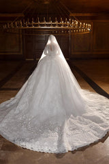 White Sequin Lace Ball Gown Wedding Dress with Off Shoulder Long Sleeves