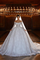 White Sequin Lace Ball Gown Wedding Dress with Off Shoulder Long Sleeves