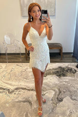 White Sequined Sheath Spaghetti Straps Short Graduation Dress with Fringes