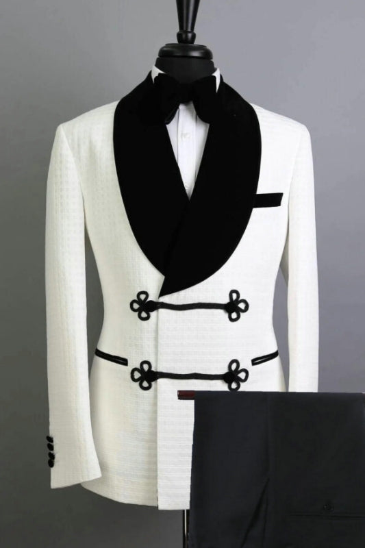 White Shawl Lapel 2 Piece Close Fitting Jacquard Wedding Suit