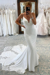 White Spaghetti Straps Long Mermaid Boho Beach Wedding Dress with Lace Details