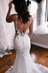 White Spaghetti Straps Wedding Dress Tulle Lace Mermaid Bridal Dress with Sweep Train