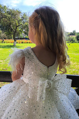 Sparkly Crew Neck Ball Gown Flower Girl Dress with Feathers