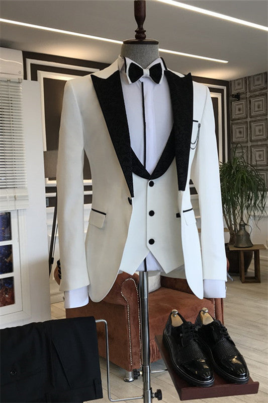 White Three Piece Peaked Lapel Prom Suit