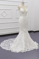 White Tulle Beach Wedding Dress Lace Appliques Spaghetti Straps Mermaid Bridal Dress