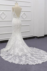 White Tulle Beach Wedding Dress Lace Appliques Spaghetti Straps Mermaid Bridal Dress