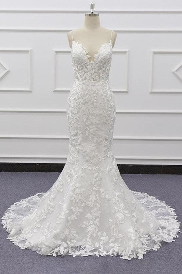 White Tulle Beach Wedding Dress Lace Appliques Spaghetti Straps Mermaid Bridal Dress