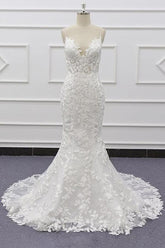 White Tulle Beach Wedding Dress Lace Appliques Spaghetti Straps Mermaid Bridal Dress