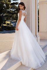 White Wedding Dress A Line Crew Sleeveless Lace Sweep Train Tulle Bridal Gown With Slit