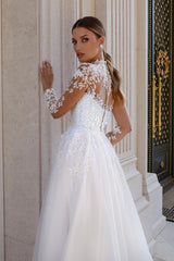 White Wedding Dress A Line Lace High Neck Tulle Bridal Gown With Appliques