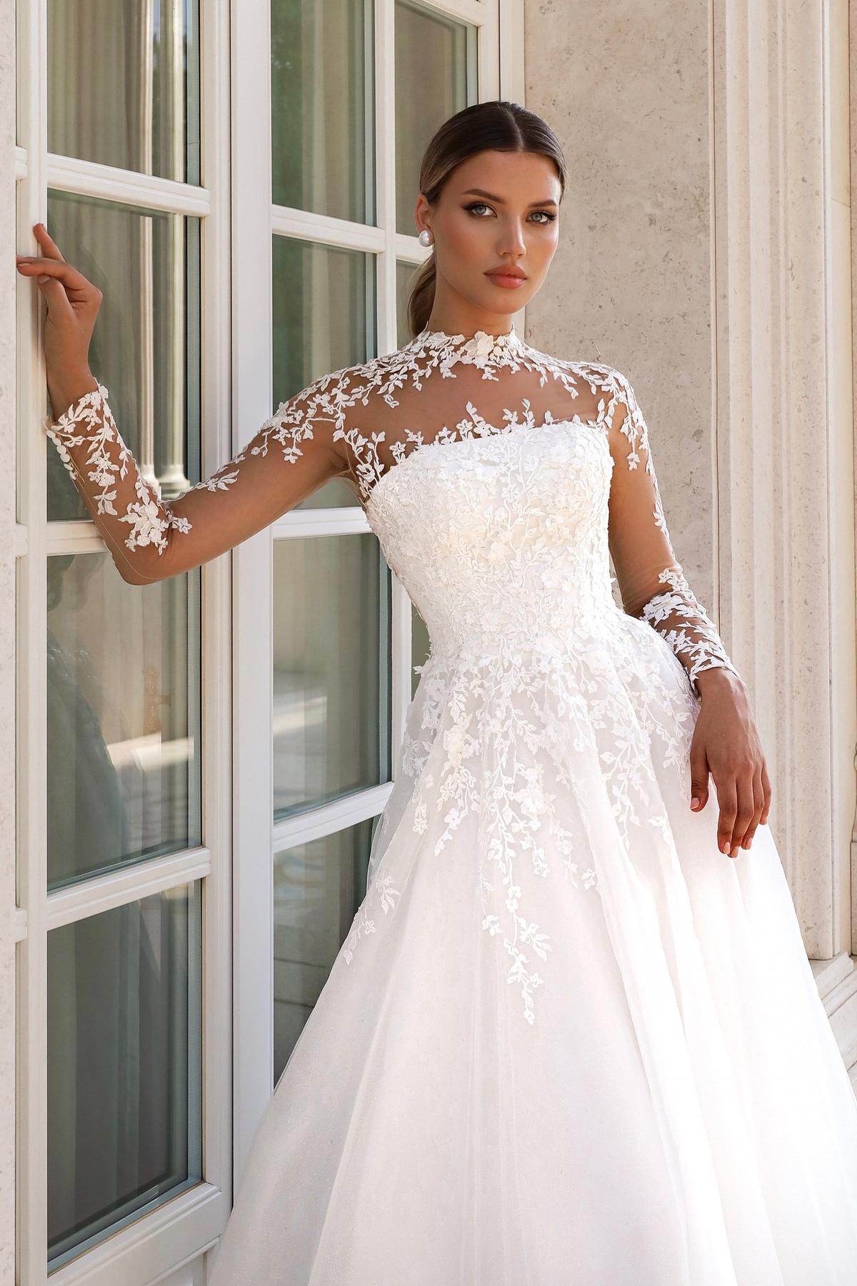 White Wedding Dress A Line Lace High Neck Tulle Bridal Gown With Appliques